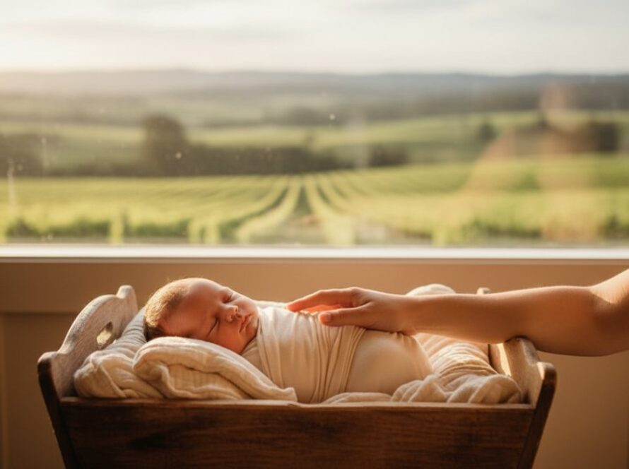 An epic moment captures a tender newborn baby nestled safely in parents' hands, bathed in soft, natural light, against a rustic, picturesque Seville East farm backdrop, embodying Seville East newborn photography with authentic family moments.