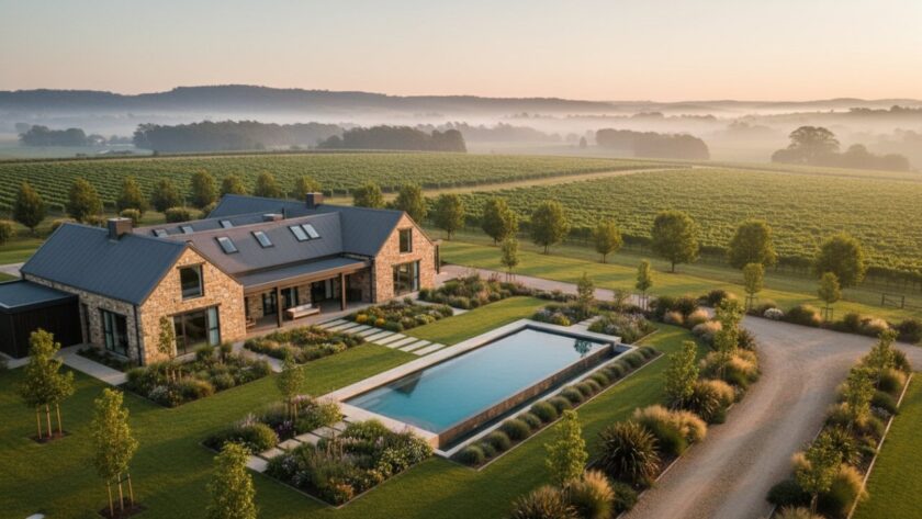 An epic aerial photograph capturing a sprawling modern farmstead nestled amidst rolling green hills and vineyards at sunset in Seville East, Victoria, showcasing rural charm and luxury real estate photography.