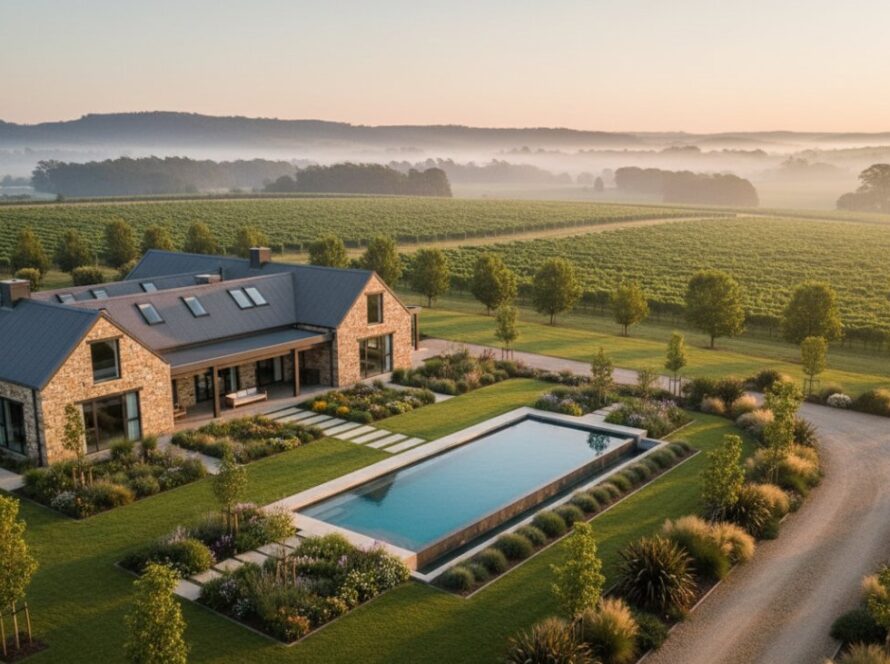 An epic aerial photograph capturing a sprawling modern farmstead nestled amidst rolling green hills and vineyards at sunset in Seville East, Victoria, showcasing rural charm and luxury real estate photography.