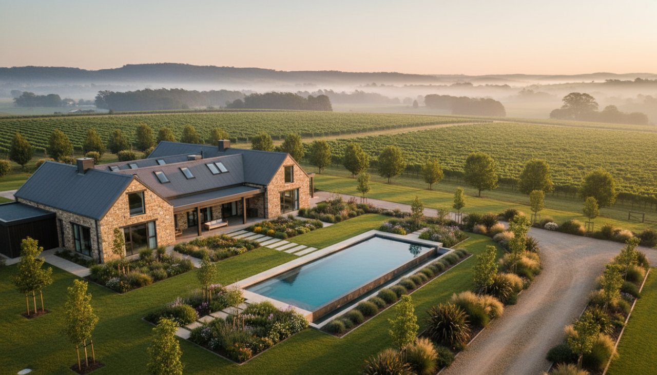 An epic aerial photograph capturing a sprawling modern farmstead nestled amidst rolling green hills and vineyards at sunset in Seville East, Victoria, showcasing rural charm and luxury real estate photography.