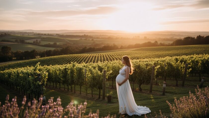 An expectant mother glows during a serene seville east victoria golden hour maternity photoshoot, standing gracefully amidst rolling vineyards with golden sunlight highlighting her silhouette and baby bump.