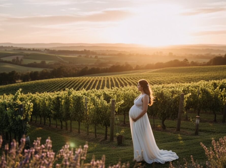 An expectant mother glows during a serene seville east victoria golden hour maternity photoshoot, standing gracefully amidst rolling vineyards with golden sunlight highlighting her silhouette and baby bump.