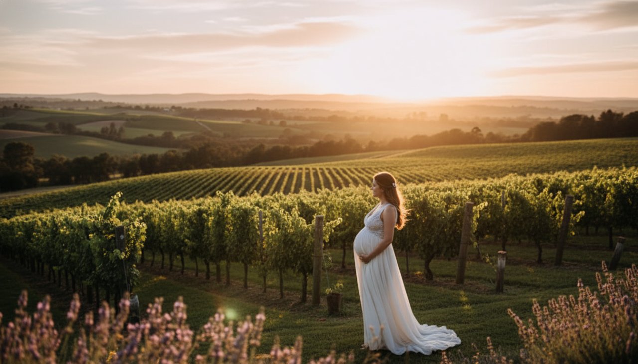 An expectant mother glows during a serene seville east victoria golden hour maternity photoshoot, standing gracefully amidst rolling vineyards with golden sunlight highlighting her silhouette and baby bump.