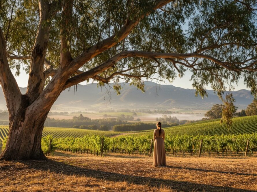 An evocative wide-angle shot capturing the essence of Seville Victoria bespoke fine art photography experiences, showing a lone figure silhouetted against a dramatic sunset over rolling hills in Seville, Victoria, emphasizing artistic composition and emotional depth.