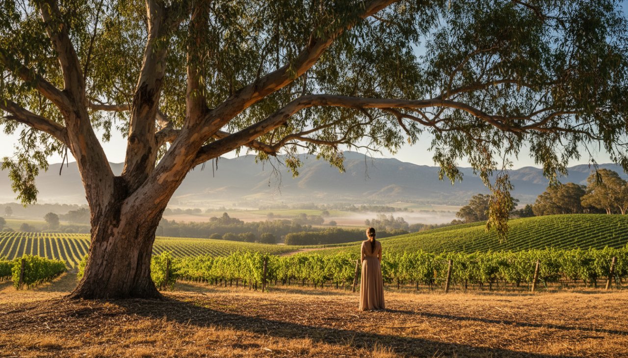 An evocative wide-angle shot capturing the essence of Seville Victoria bespoke fine art photography experiences, showing a lone figure silhouetted against a dramatic sunset over rolling hills in Seville, Victoria, emphasizing artistic composition and emotional depth.