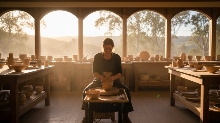 Close-up, dynamic shot of a local artisan baker in Seville, Victoria, passionately decorating a handcrafted cake, illuminated by warm morning light streaming into a rustic studio, showcasing authentic Seville Victoria brand photography for artisan businesses.