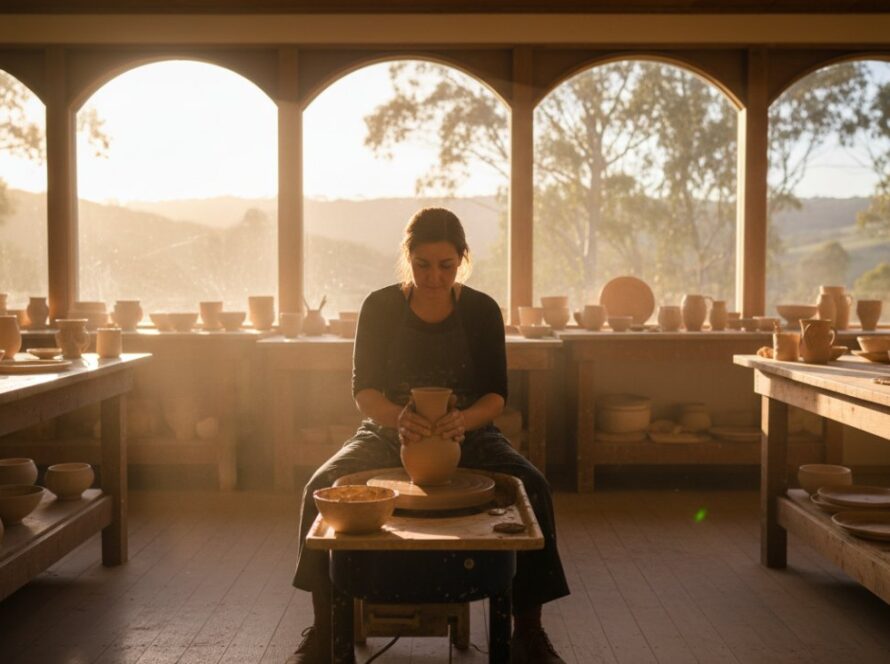 Close-up, dynamic shot of a local artisan baker in Seville, Victoria, passionately decorating a handcrafted cake, illuminated by warm morning light streaming into a rustic studio, showcasing authentic Seville Victoria brand photography for artisan businesses.