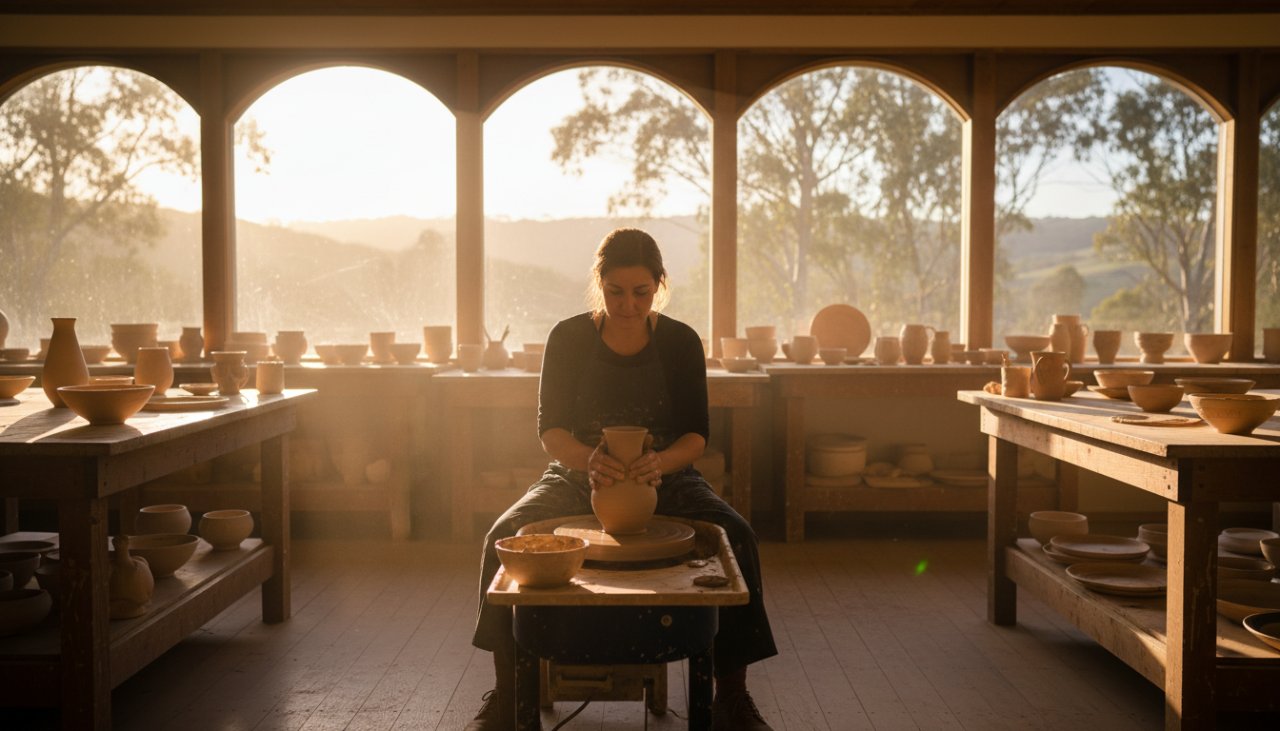 Close-up, dynamic shot of a local artisan baker in Seville, Victoria, passionately decorating a handcrafted cake, illuminated by warm morning light streaming into a rustic studio, showcasing authentic Seville Victoria brand photography for artisan businesses.