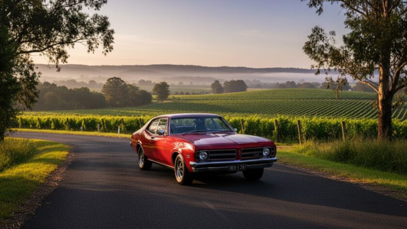 An epic moment in Seville Victoria classic car photography stunning, featuring a gleaming vintage muscle car parked at sunset with the rolling hills of the Yarra Valley in the background, golden hour light illuminating its curves.