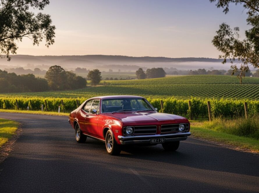 An epic moment in Seville Victoria classic car photography stunning, featuring a gleaming vintage muscle car parked at sunset with the rolling hills of the Yarra Valley in the background, golden hour light illuminating its curves.