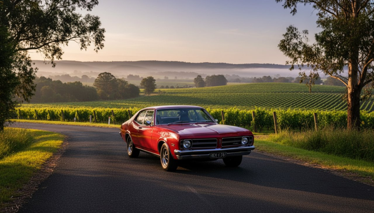 An epic moment in Seville Victoria classic car photography stunning, featuring a gleaming vintage muscle car parked at sunset with the rolling hills of the Yarra Valley in the background, golden hour light illuminating its curves.