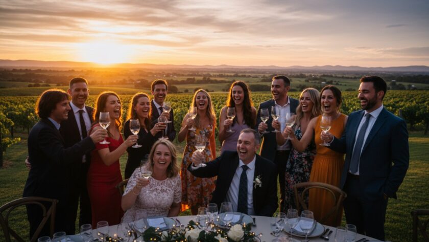 An epic moment of genuine joy captured through Seville Victoria event photography, showing a couple laughing heartily amidst the beautiful vineyard backdrop of Seville at golden hour.