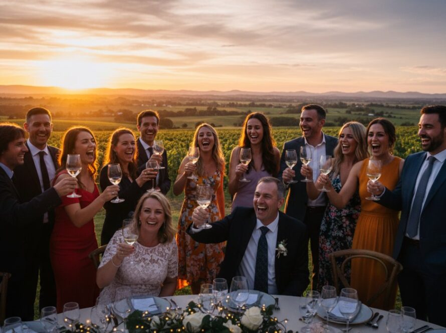 An epic moment of genuine joy captured through Seville Victoria event photography, showing a couple laughing heartily amidst the beautiful vineyard backdrop of Seville at golden hour.