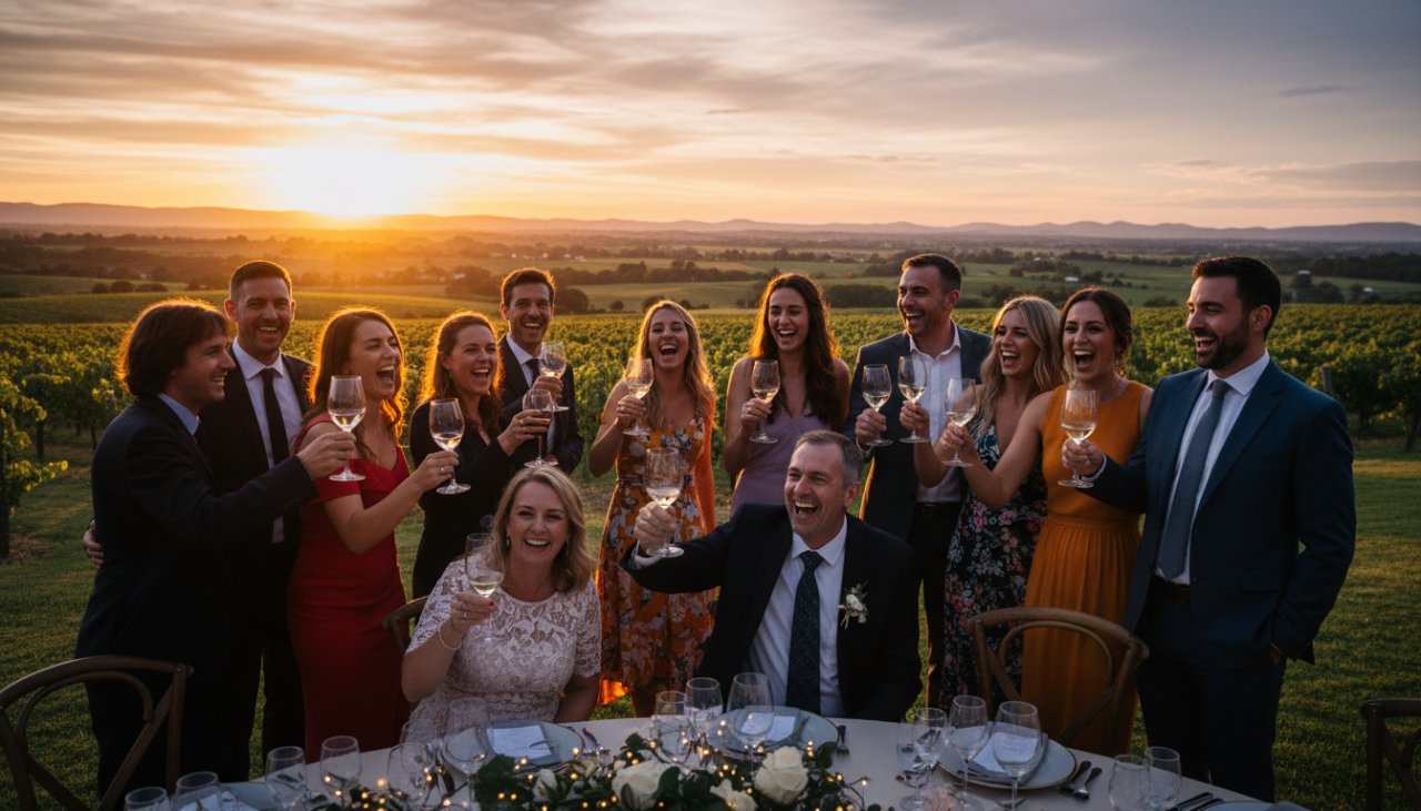 An epic moment of genuine joy captured through Seville Victoria event photography, showing a couple laughing heartily amidst the beautiful vineyard backdrop of Seville at golden hour.
