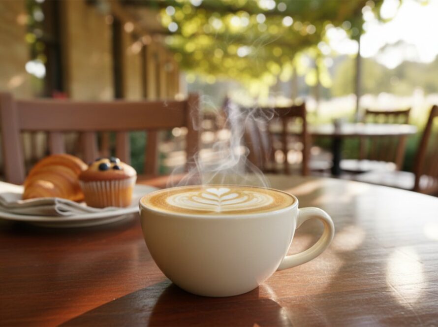 A vibrant, overhead shot of a perfectly plated brunch dish featuring colourful, locally sourced produce, with soft morning light streaming through a window of a charming Seville Victoria cafe. The scene captures the inviting atmosphere, highlighting the exquisite details of the food, an ideal representation of expert Seville Victoria food photography for local cafes.