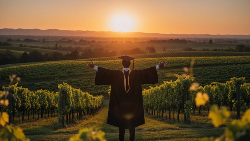 A jubilant graduate in cap and gown stands arms outstretched on a sun-drenched hill overlooking Seville Victoria's rolling vineyards, celebrating their academic achievement. This epic moment of Seville Victoria graduation photography natural landscapes captures their triumph against a picturesque backdrop.