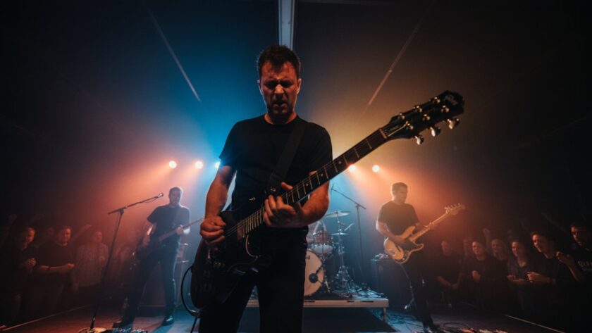 A wide-angle, epic moment capture of a lead guitarist mid-shred under dramatic stage lights at a vibrant Seville Victoria live music photography tips gig, with the crowd's energy palpable.
