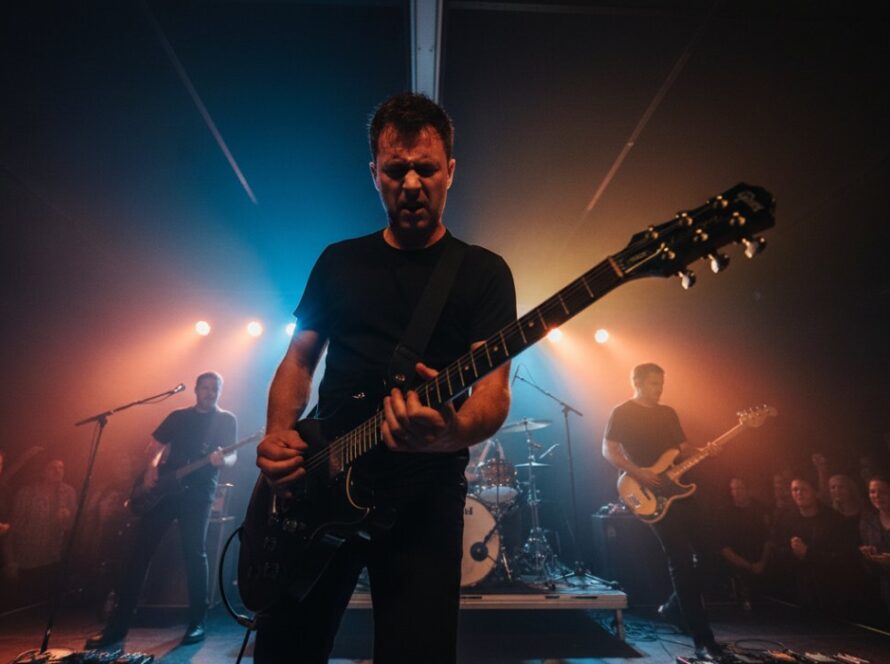 A wide-angle, epic moment capture of a lead guitarist mid-shred under dramatic stage lights at a vibrant Seville Victoria live music photography tips gig, with the crowd's energy palpable.