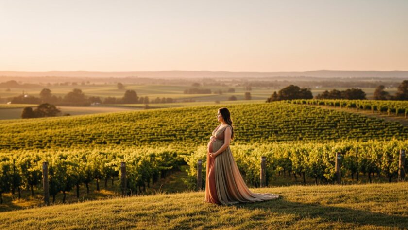 An expectant mother in a flowing gown, silhouetted against a golden hour sky over rolling vineyards, showcasing breathtaking seville victoria maternity photography scenic vineyards.