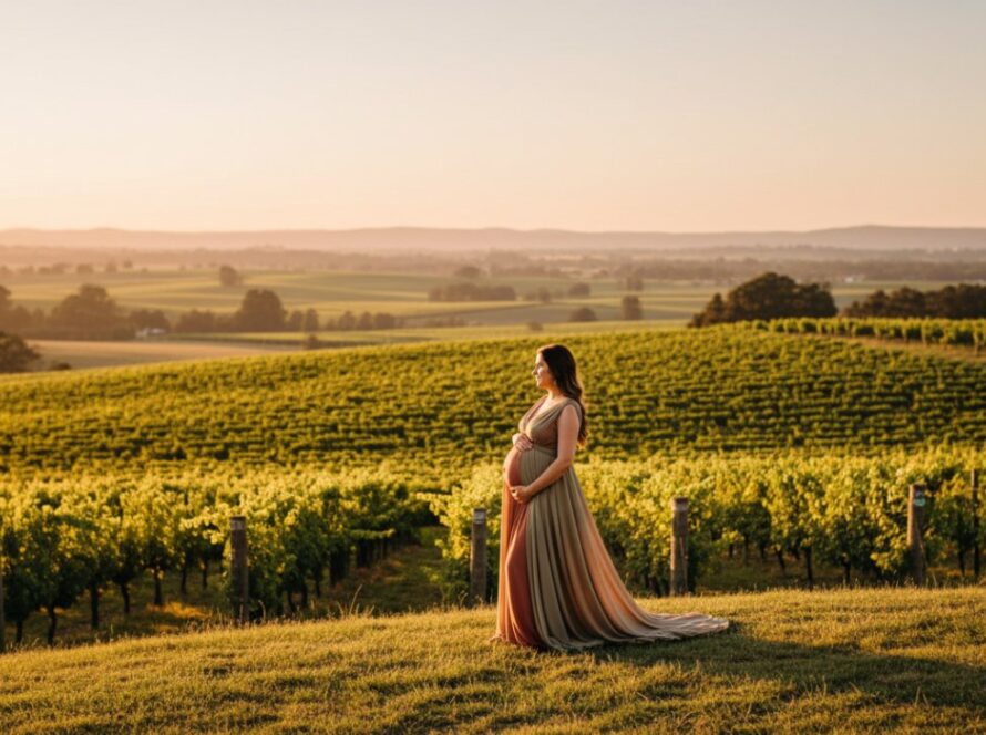 An expectant mother in a flowing gown, silhouetted against a golden hour sky over rolling vineyards, showcasing breathtaking seville victoria maternity photography scenic vineyards.