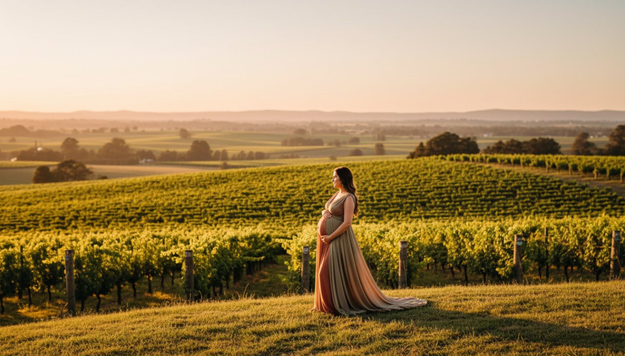 An expectant mother in a flowing gown, silhouetted against a golden hour sky over rolling vineyards, showcasing breathtaking seville victoria maternity photography scenic vineyards.