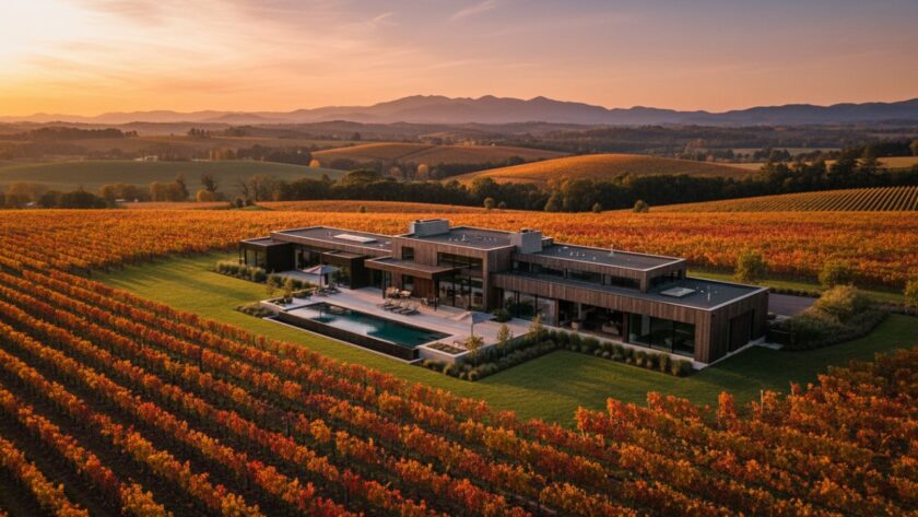 Dynamic wide-angle shot of a stunning modern home in Seville, Victoria, with lush vineyards in the background under a dramatic sunset, highlighting the premium appeal of Seville Victoria Real Estate Photography Expert Local Service.