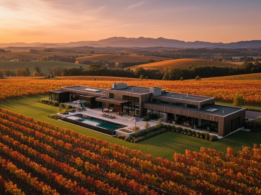 Dynamic wide-angle shot of a stunning modern home in Seville, Victoria, with lush vineyards in the background under a dramatic sunset, highlighting the premium appeal of Seville Victoria Real Estate Photography Expert Local Service.