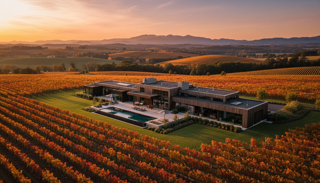 Dynamic wide-angle shot of a stunning modern home in Seville, Victoria, with lush vineyards in the background under a dramatic sunset, highlighting the premium appeal of Seville Victoria Real Estate Photography Expert Local Service.