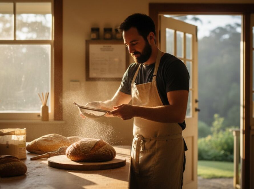 A dynamic, high-angle shot showcasing Sherbrooke Advertising Photography for Local Brands, featuring a local artisan passionately crafting a unique, handcrafted product amidst the lush, sun-dappled Dandenong Ranges, capturing the essence of local craftsmanship and natural beauty.