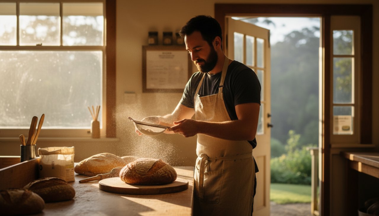 A dynamic, high-angle shot showcasing Sherbrooke Advertising Photography for Local Brands, featuring a local artisan passionately crafting a unique, handcrafted product amidst the lush, sun-dappled Dandenong Ranges, capturing the essence of local craftsmanship and natural beauty.
