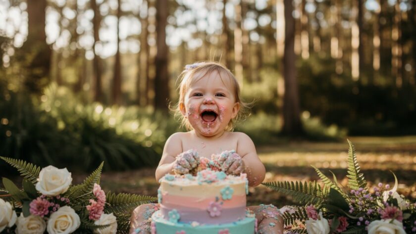 An epic moment captured in Sherbrooke Cake Smash Photography for Memorable First Birthdays, showing a baby covered in cake, laughing joyfully amidst a whimsical, forest-inspired setup with soft, natural light.
