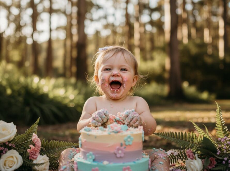 An epic moment captured in Sherbrooke Cake Smash Photography for Memorable First Birthdays, showing a baby covered in cake, laughing joyfully amidst a whimsical, forest-inspired setup with soft, natural light.