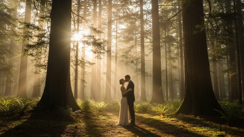 A joyful couple caught in a spontaneous embrace near an ancient fern tree in Sherbrooke Forest, bathed in golden hour light, perfectly illustrating Sherbrooke candid photography capturing authentic moments in a romantic, natural setting.
