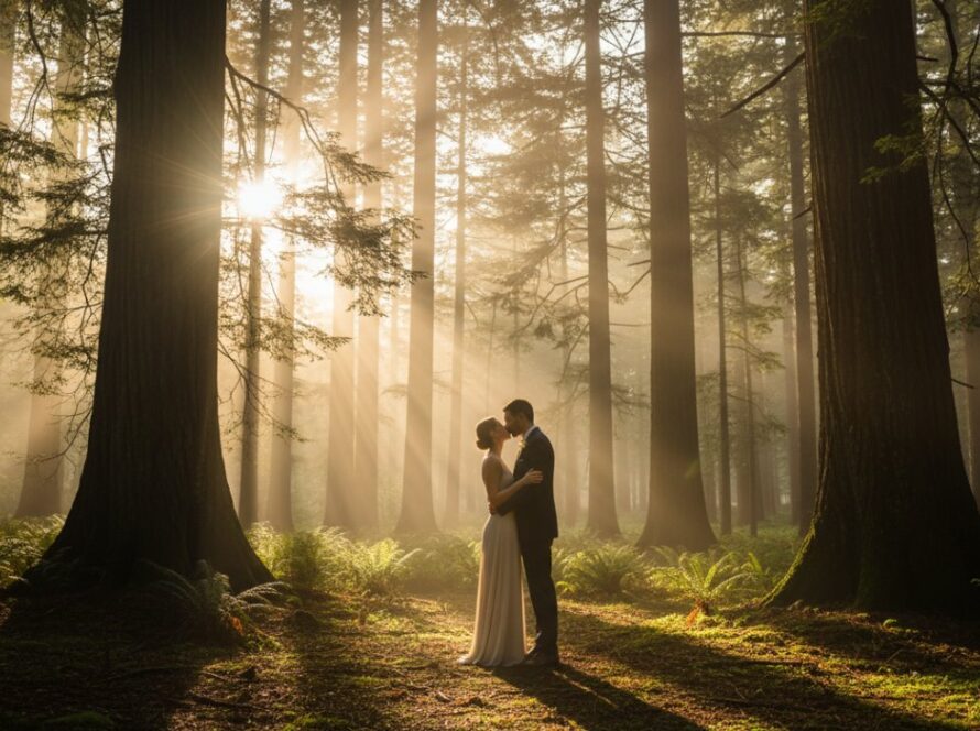 A joyful couple caught in a spontaneous embrace near an ancient fern tree in Sherbrooke Forest, bathed in golden hour light, perfectly illustrating Sherbrooke candid photography capturing authentic moments in a romantic, natural setting.