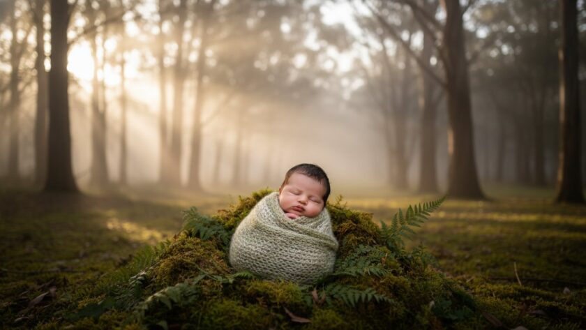 A breathtaking wide-angle photograph capturing a Sherbrooke Dandenong Ranges bespoke baby photography session, showing a serene newborn nestled amongst soft, rustic textures, bathed in golden hour light within a lush, misty Sherbrooke forest clearing, evoking warmth and natural beauty.