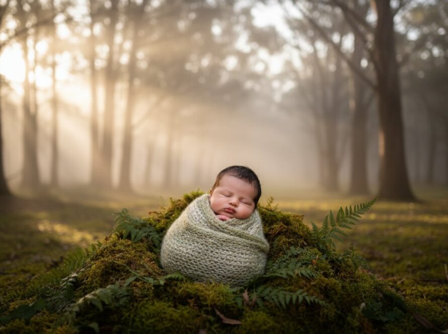 A breathtaking wide-angle photograph capturing a Sherbrooke Dandenong Ranges bespoke baby photography session, showing a serene newborn nestled amongst soft, rustic textures, bathed in golden hour light within a lush, misty Sherbrooke forest clearing, evoking warmth and natural beauty.