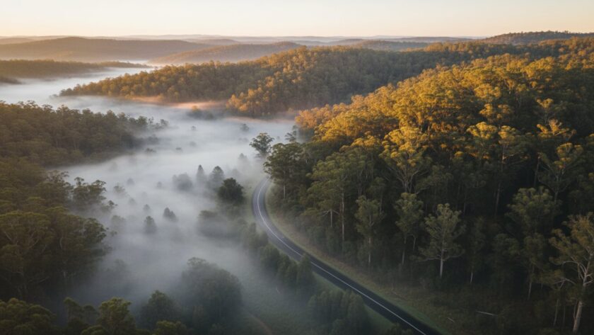 An awe-inspiring Sherbrooke drone photography majestic Dandenong Ranges vista at sunrise, showcasing misty valleys, towering eucalyptus, and a winding road, captured with cinematic flair by Image by SD.