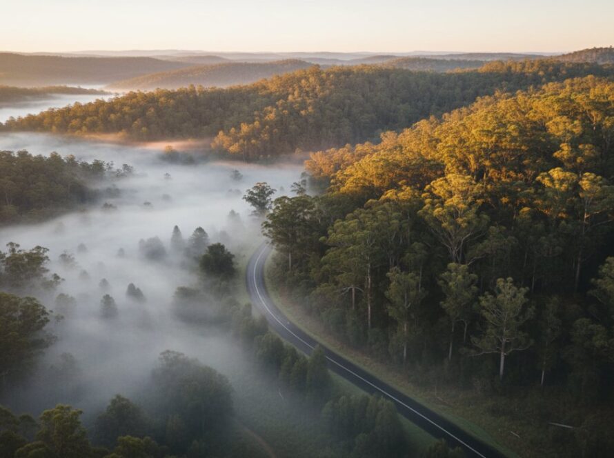 An awe-inspiring Sherbrooke drone photography majestic Dandenong Ranges vista at sunrise, showcasing misty valleys, towering eucalyptus, and a winding road, captured with cinematic flair by Image by SD.