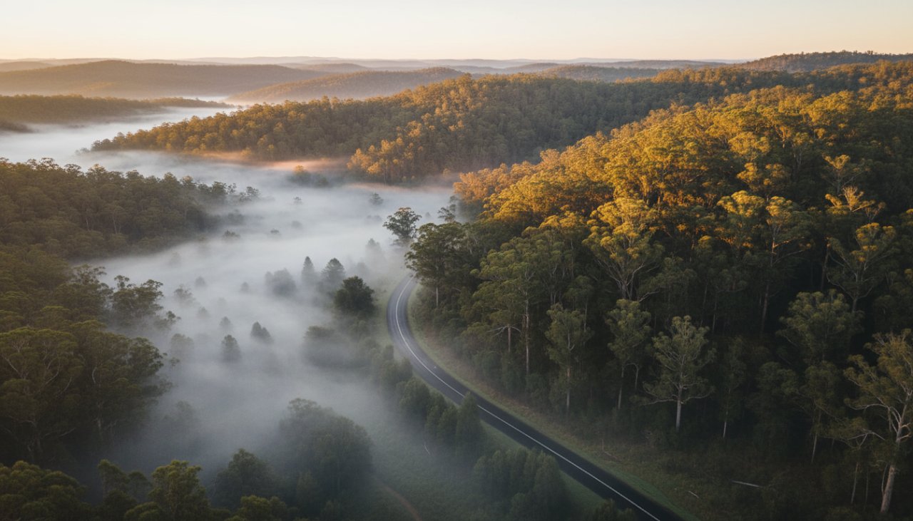 An awe-inspiring Sherbrooke drone photography majestic Dandenong Ranges vista at sunrise, showcasing misty valleys, towering eucalyptus, and a winding road, captured with cinematic flair by Image by SD.
