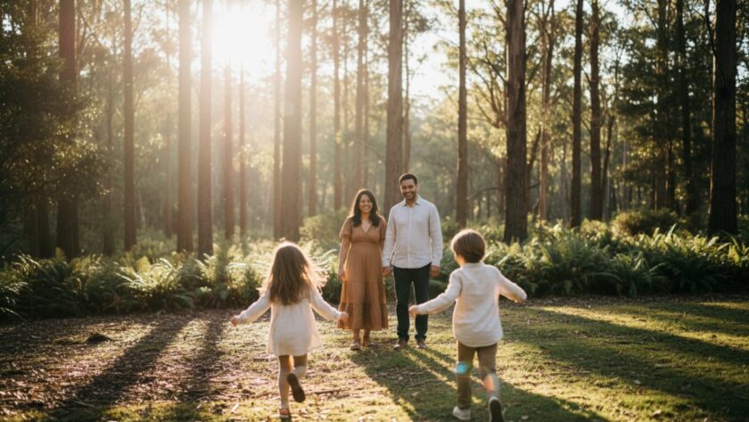 An emotive, golden-hour Sherbrooke family photography candid moments shot featuring parents laughing joyfully with their young children in a lush, sun-dappled forest clearing in Sherbrooke, Victoria, epitomising authentic connection and love.