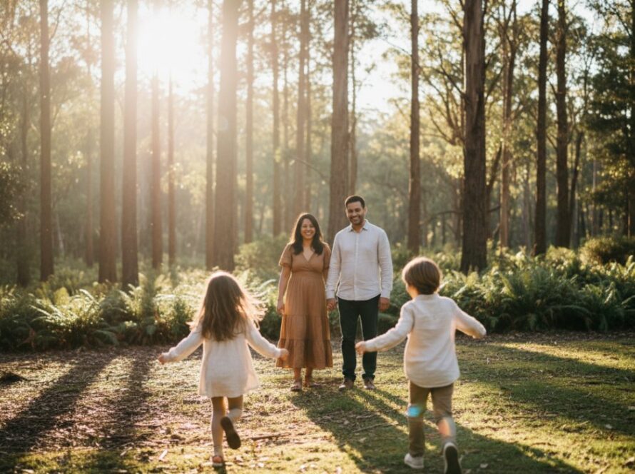 An emotive, golden-hour Sherbrooke family photography candid moments shot featuring parents laughing joyfully with their young children in a lush, sun-dappled forest clearing in Sherbrooke, Victoria, epitomising authentic connection and love.