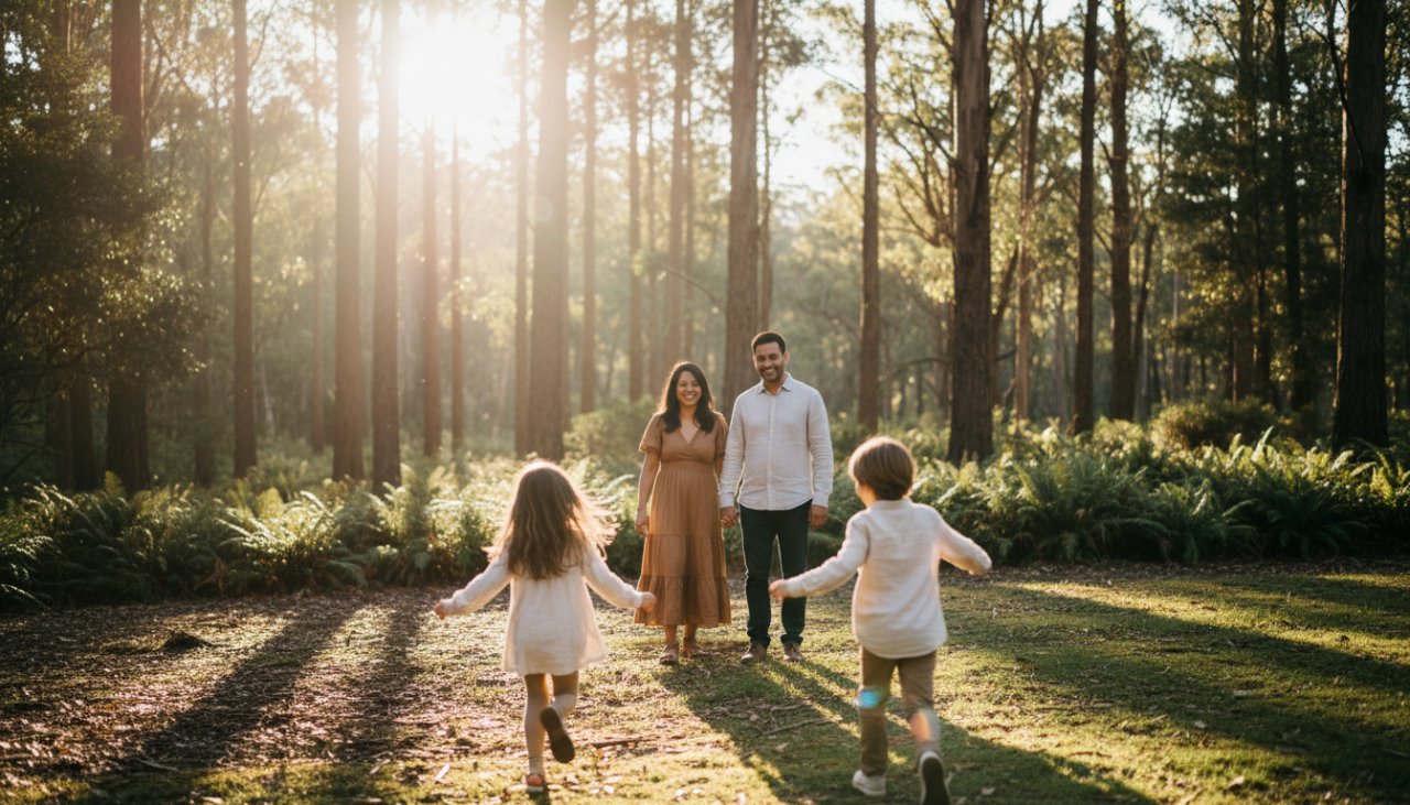 An emotive, golden-hour Sherbrooke family photography candid moments shot featuring parents laughing joyfully with their young children in a lush, sun-dappled forest clearing in Sherbrooke, Victoria, epitomising authentic connection and love.