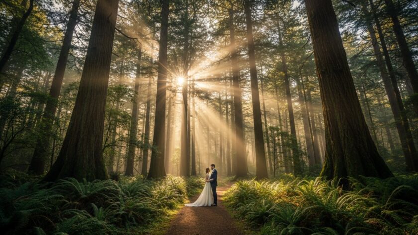 A breathtaking wide-angle shot of a couple embraced in a dramatic, mist-shrouded forest in Sherbrooke, sunlight filtering through ancient fern trees, embodying Sherbrooke fine art photography capturing Dandenong Ranges magic with a cinematic, emotional feel.