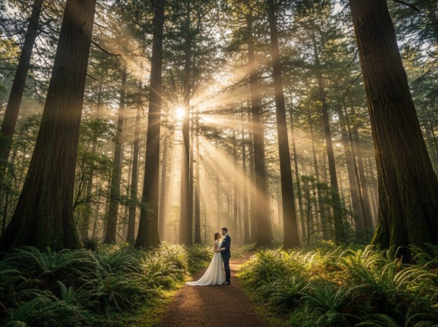 A breathtaking wide-angle shot of a couple embraced in a dramatic, mist-shrouded forest in Sherbrooke, sunlight filtering through ancient fern trees, embodying Sherbrooke fine art photography capturing Dandenong Ranges magic with a cinematic, emotional feel.