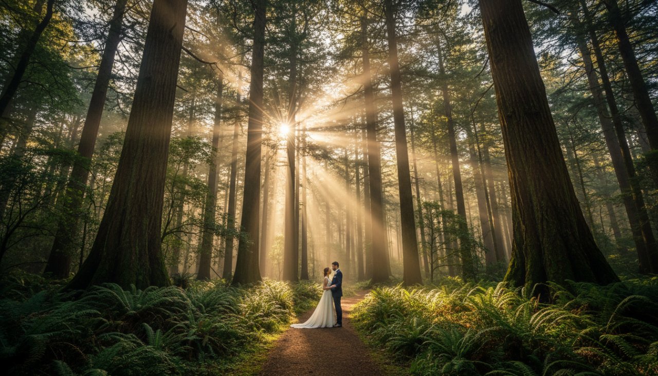 A breathtaking wide-angle shot of a couple embraced in a dramatic, mist-shrouded forest in Sherbrooke, sunlight filtering through ancient fern trees, embodying Sherbrooke fine art photography capturing Dandenong Ranges magic with a cinematic, emotional feel.