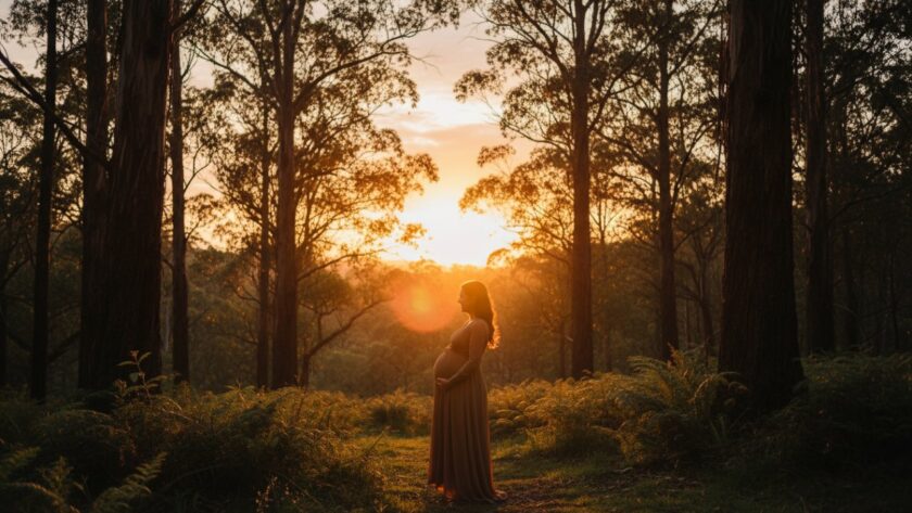 A radiant expectant mother, silhouetted against a golden Sherbrooke Dandenong Ranges sunset, cradling her baby bump in an epic moment of serene maternity photography.
