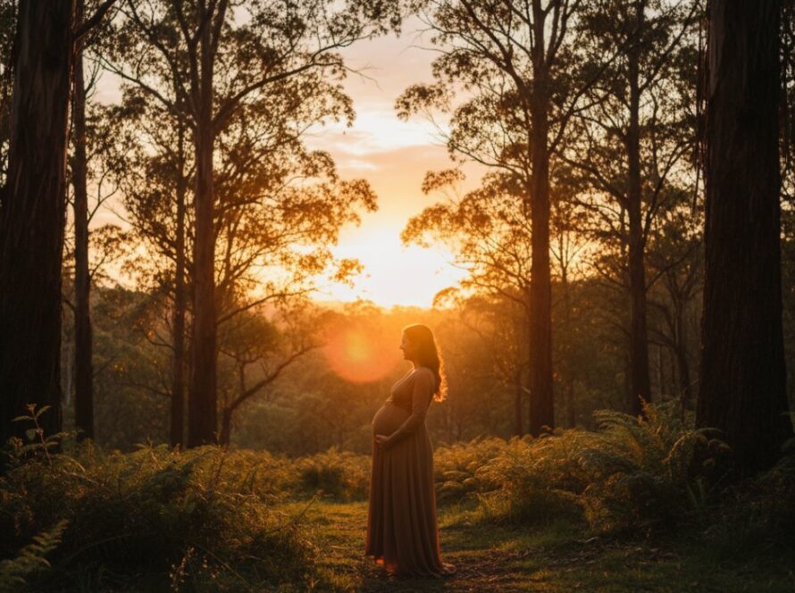 A radiant expectant mother, silhouetted against a golden Sherbrooke Dandenong Ranges sunset, cradling her baby bump in an epic moment of serene maternity photography.