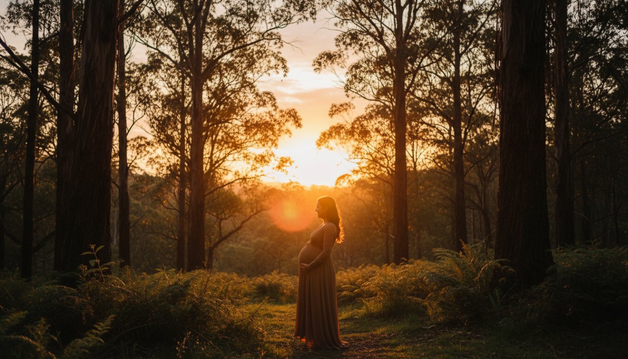 A radiant expectant mother, silhouetted against a golden Sherbrooke Dandenong Ranges sunset, cradling her baby bump in an epic moment of serene maternity photography.