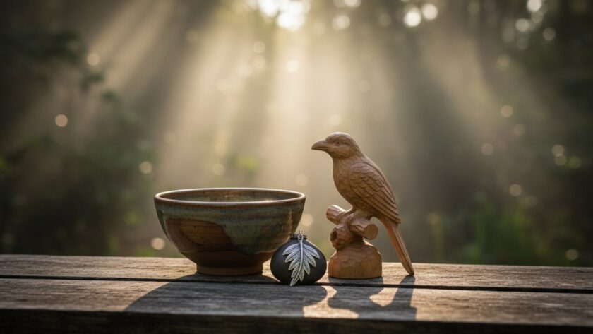 An epic moment capturing a handcrafted ceramic mug from Sherbrooke, Victoria, bathed in soft, natural light filtering through fern fronds, showcasing the Sherbrooke Victoria artisan product photography expertise with exquisite detail and a touch of Dandenong Ranges charm.