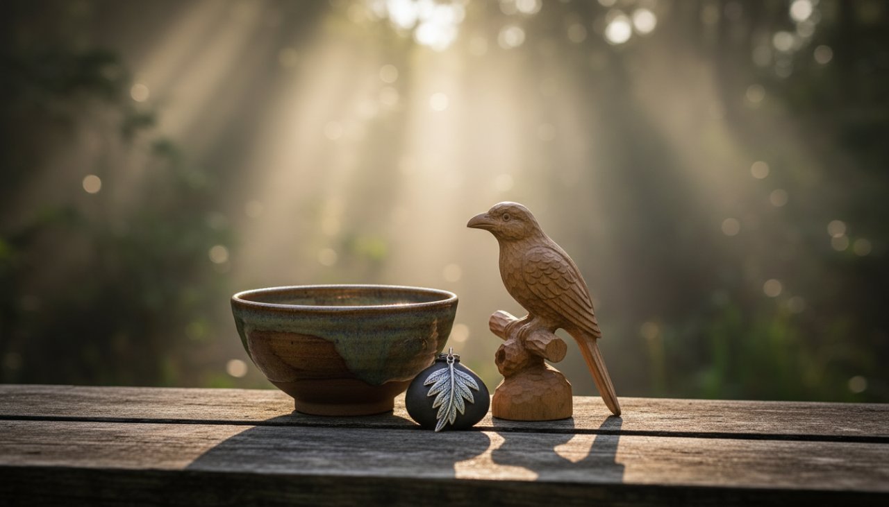 An epic moment capturing a handcrafted ceramic mug from Sherbrooke, Victoria, bathed in soft, natural light filtering through fern fronds, showcasing the Sherbrooke Victoria artisan product photography expertise with exquisite detail and a touch of Dandenong Ranges charm.
